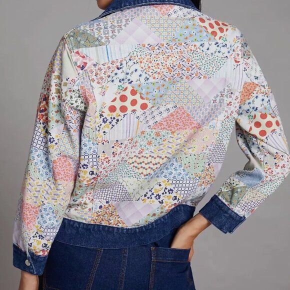 Carleen Floral Blue Motif Denim Trucker Jacket 4 pockets - Picture 3 of 6